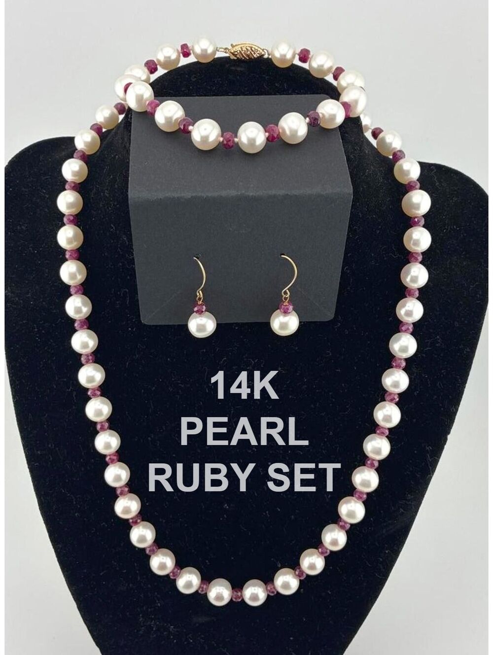 14K Gold FIC Pearl and Ruby Parure Set – Necklace, Bracelet & Earrings Vintage